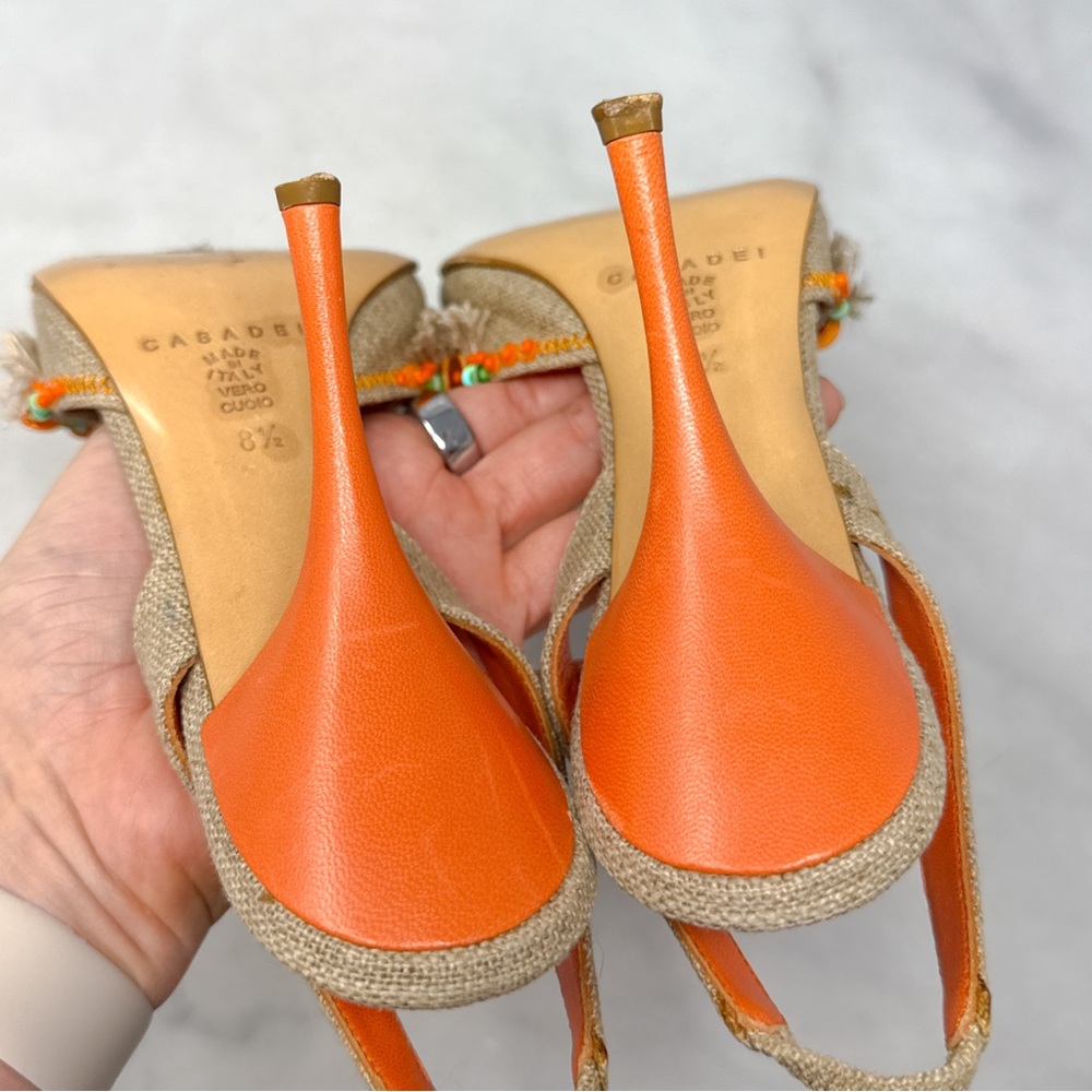 CASADEI Vintage Y2K Shell Beaded Burlap Canvas Leather Slingback Heels 2000s 8.5 - Picture 9 of 16